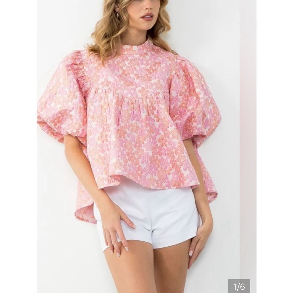 THML Isabelle Pink Metallic Daisy Puff Sleeve Top Womens Small
